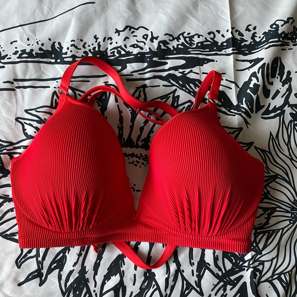 Red Ribbed Women's Swim Top - Padded V-Neck Bikini